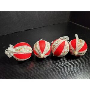 Set of 4 Vibtage Calico Red Fabric Christmas Ornaments Floral Lace Pearl Accents